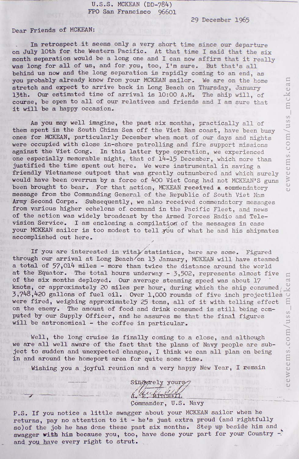 1965 USS McKean Letter DD784  - Letter from Captain