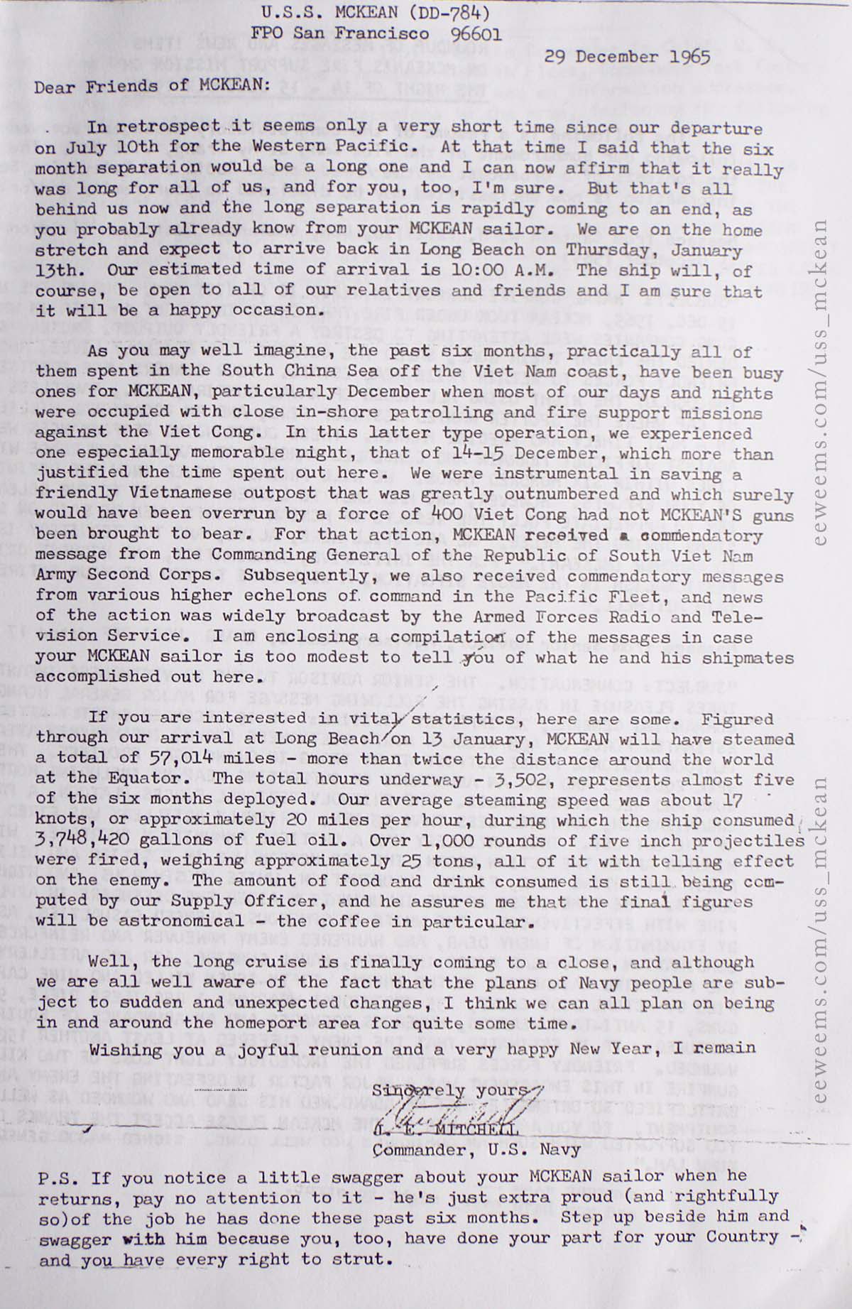USS McKean Letter from Commander concerning Vietnam activity