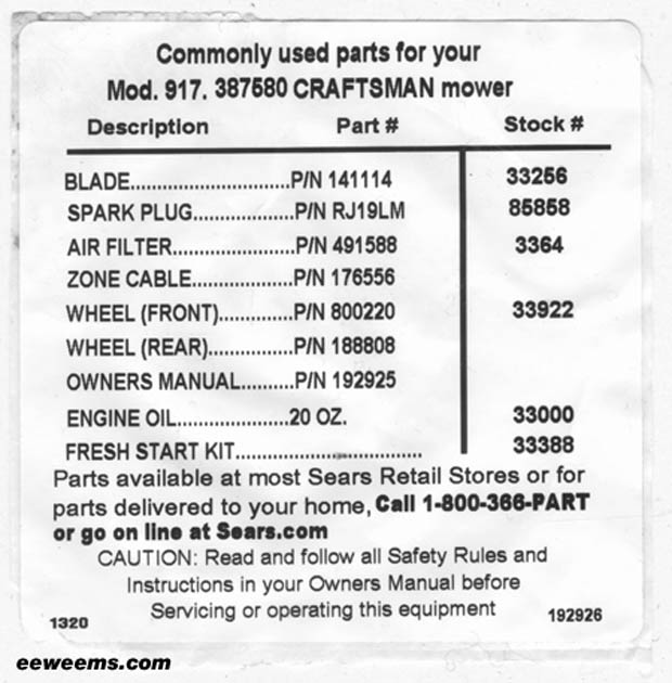 Craftsman Mower Part List 917 model repair