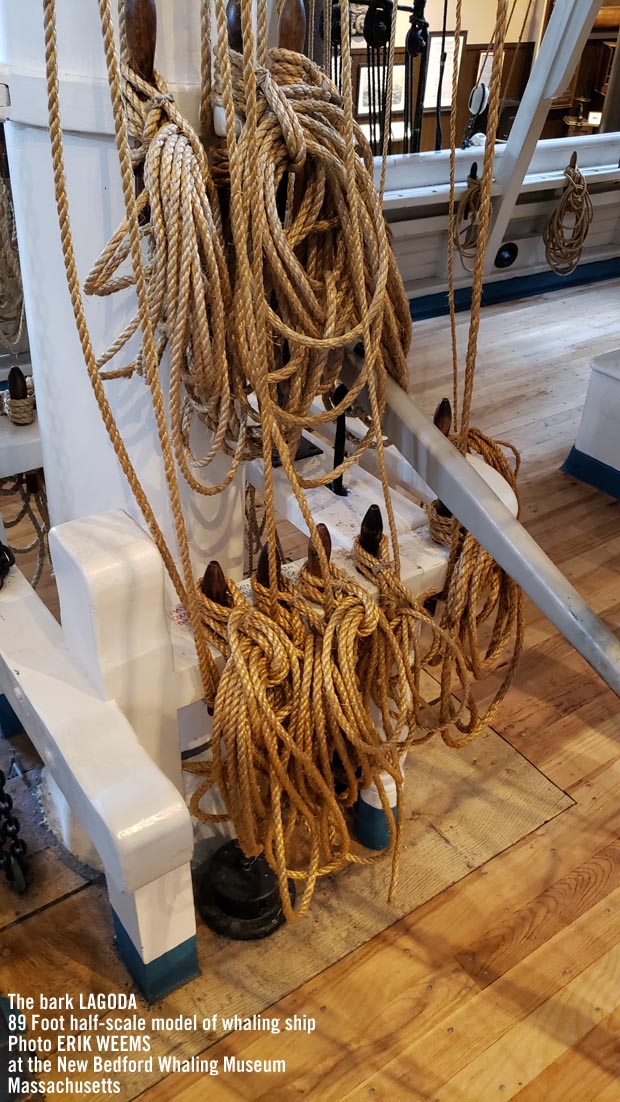 Ropes tied to deck at Lagoda Whale ship in New Bedford