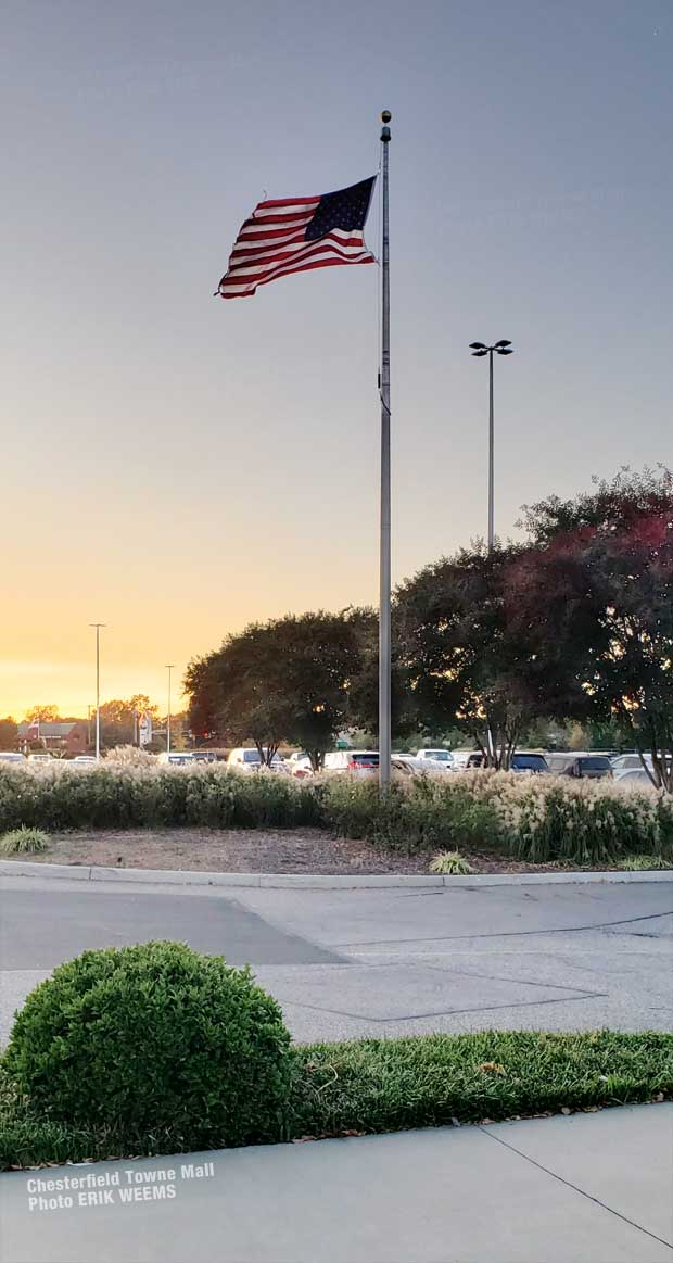 Click image to enlarge - American Flag at the Chesterfield Towne Mall at sunset American Flag at the Chesterfield Towne Mall at sunset
